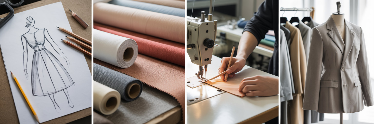 Carousel: Sketch → Fabric → Production → Finished Garments